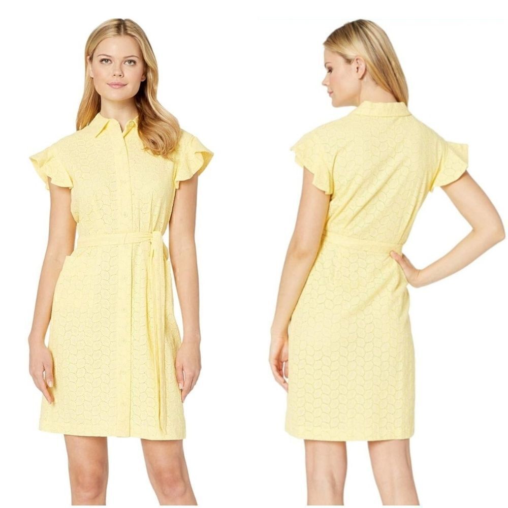 Calvin Klein Eyelet Shirt Dress Flutter Sleeve Belt Yellow 12 Women's